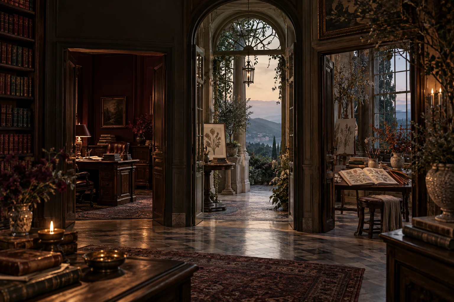 An old-world library opening into three distinct creative worlds