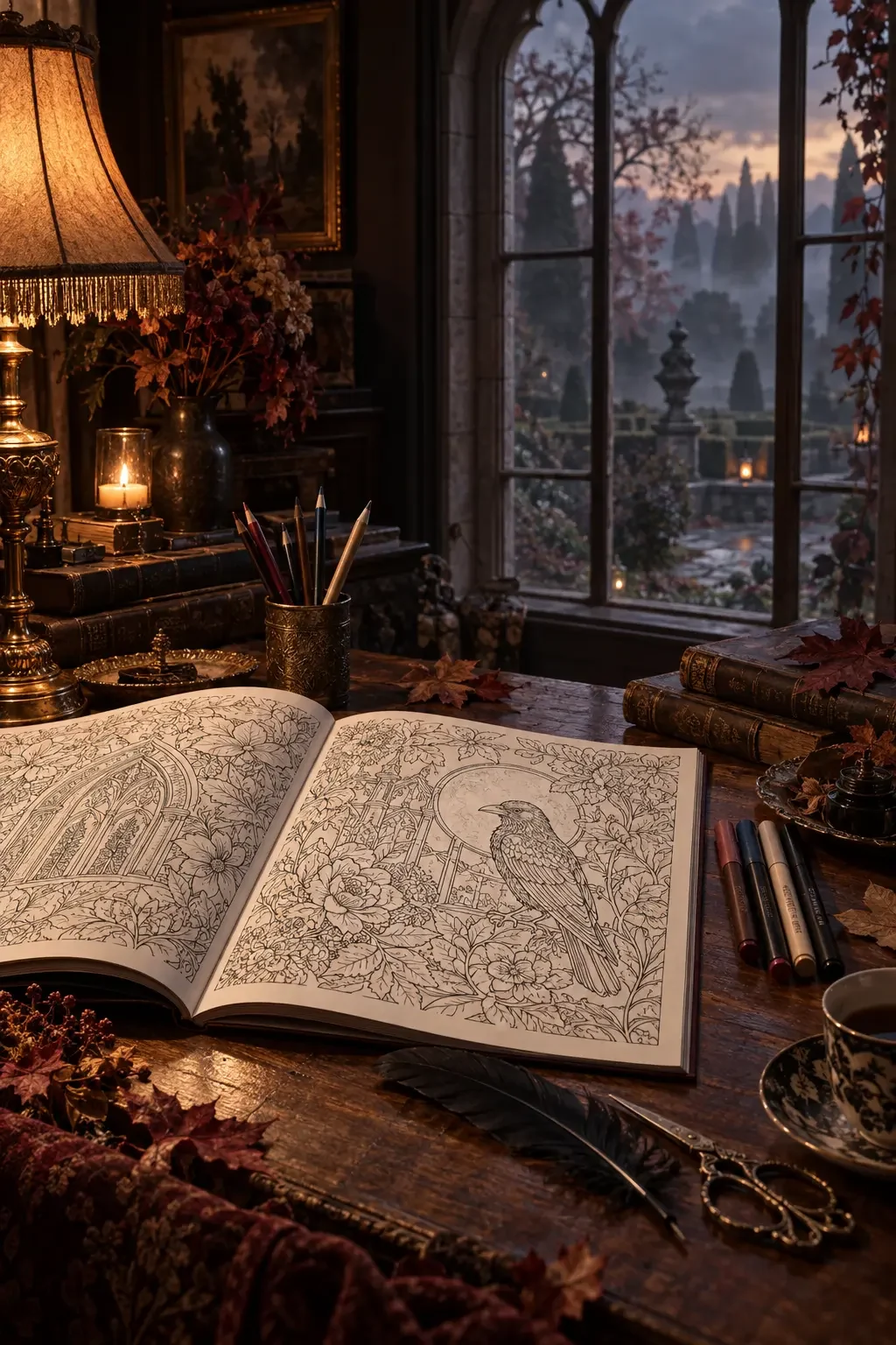 An atmospheric artist room with drawing materials and a gothic garden window