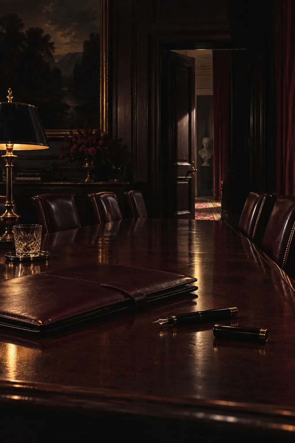 A private study with a leather portfolio and fountain pen